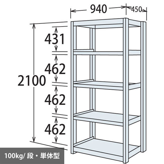 軽量棚 段100kg 天地5段 単体型 2100高さ 940幅 450奥行 ネオホワイト