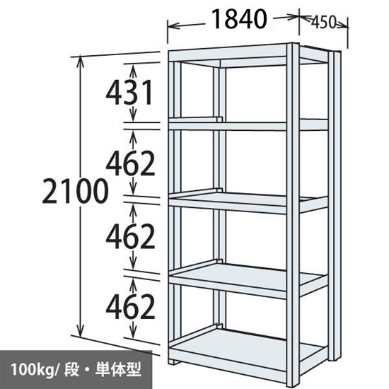 軽量棚 段100kg 天地5段 単体型 2100高さ 1840幅 450奥行 ネオホワイト