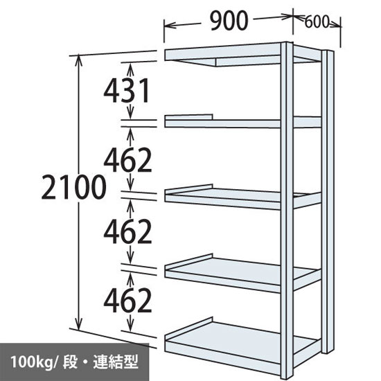 軽量棚 段100kg 天地5段 連結型 2100高さ 900幅 600奥行 ネオホワイト
