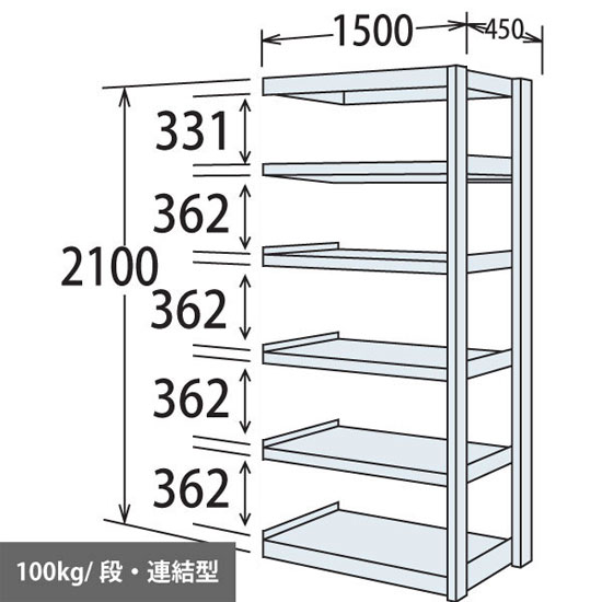 軽量棚 段100kg 天地6段 連結型 2100高さ 1500幅 450奥行 ネオホワイト