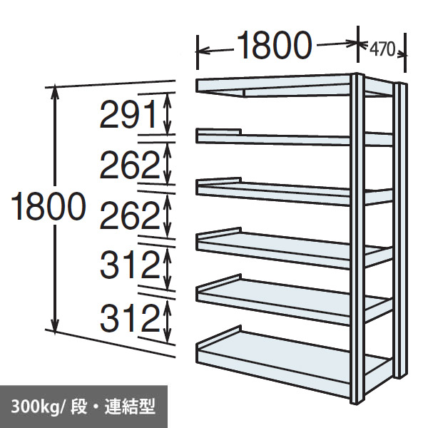 中量棚 段300kg 天地6段 連結型 1800高さ 1800幅 470奥行 スノーホワイト