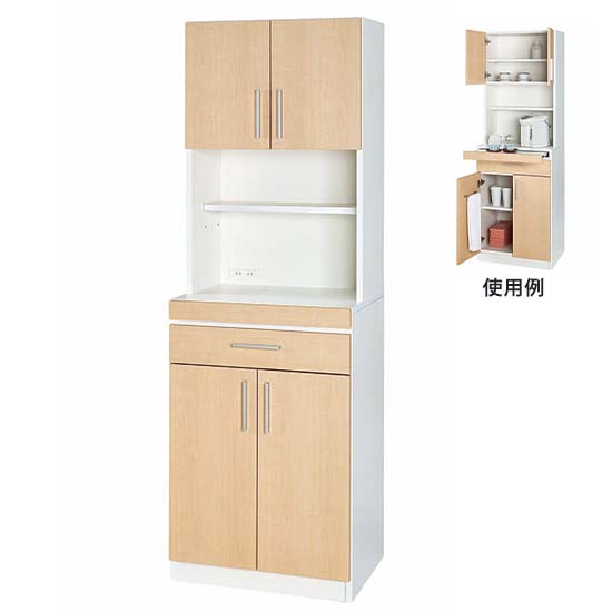 木製オフィスキッチン幅600 オープンラック+上部収納 スライド天板 ホワイト／ナチュラル