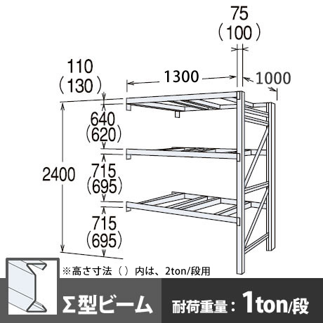 パレットラック 連結型 軽量級 ∑ビーム3段 高さ2400mm 幅1300mm 奥行1000mm  スノーホワイト