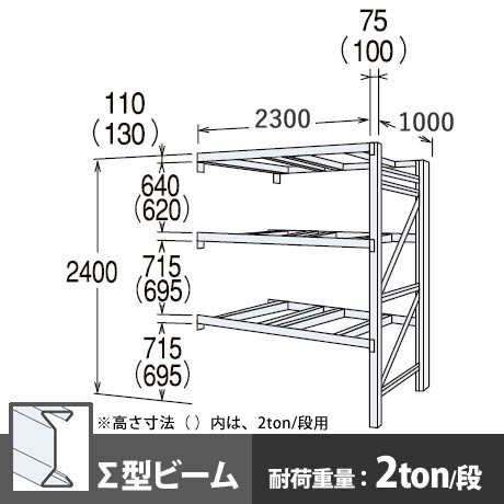 パレットラック 連結型 中量級 ∑ビーム3段 高さ2400mm 幅2300mm 奥行1000mm  スノーホワイト