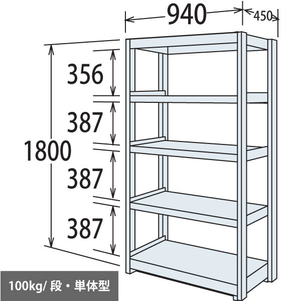 軽量棚 段100kg 天地5段 単体型 1800高さ 940幅 450奥行 スノーホワイト