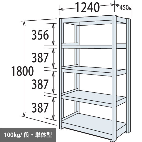 軽量棚 段100kg 天地5段 単体型 1800高さ 1240幅 450奥行 スノーホワイト