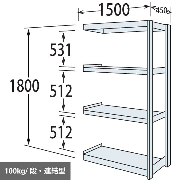 軽量棚 段100kg 天地4段 連結型 1800高さ 1500幅 450奥行 スノーホワイト