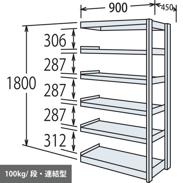 軽量棚 段100kg 天地6段 連結型 1800高さ 900幅 450奥行 スノーホワイト