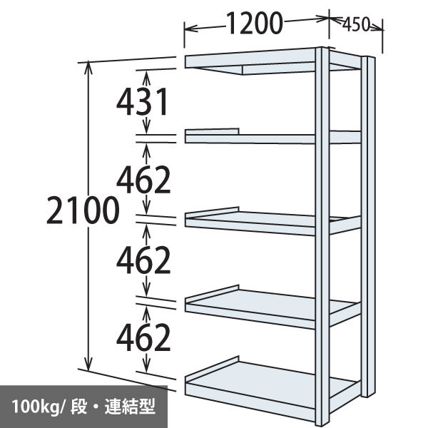 軽量棚 段100kg 天地5段 連結型 2100高さ 1200幅 450奥行 スノーホワイト