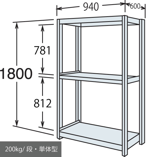 中軽量棚 段200kg 天地3段 単体型 高さ1800 幅940 奥行600 スノーホワイト