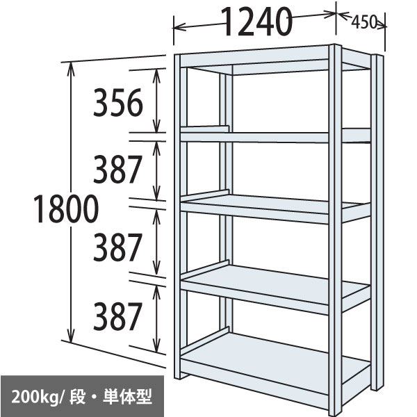 中軽量棚 段200kg 天地5段 単体型 高さ1800 幅1240 奥行450 スノーホワイト