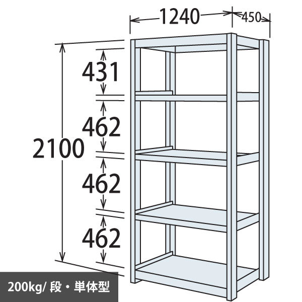 中軽量棚 段200kg 天地5段 単体型 高さ2100 幅1240 奥行450 スノーホワイト