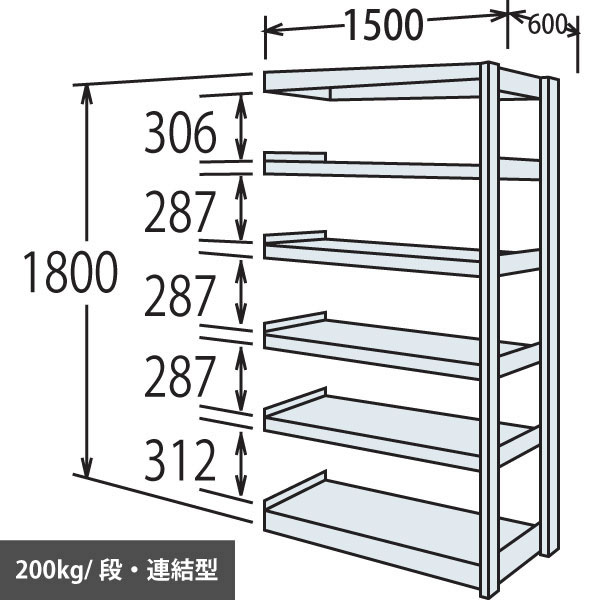 中軽量棚 段200kg 天地6段 連結型 高さ1800 幅1500 奥行600 スノーホワイト