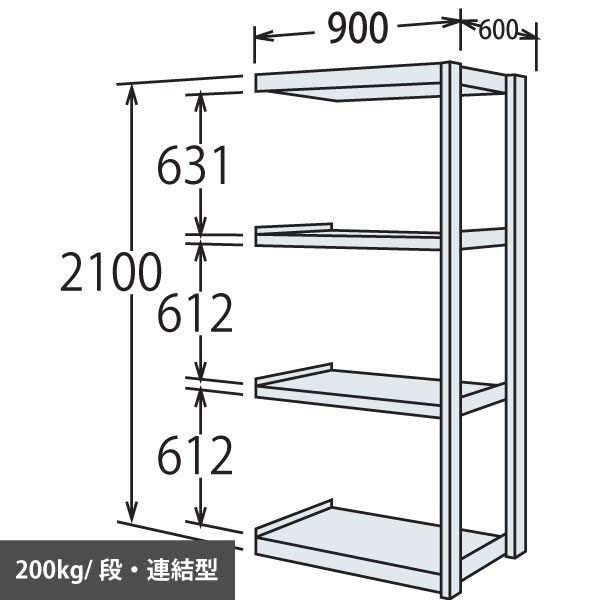 中軽量棚 段200kg 天地4段 連結型 高さ2100 幅900 奥行600 スノーホワイト