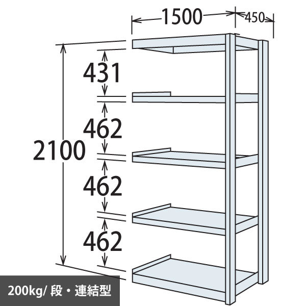 中軽量棚 段200kg 天地5段 連結型 高さ2100 幅1500 奥行450 スノーホワイト