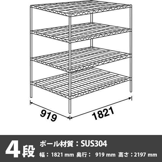 SLLS1820・PS2200-4 エレクター ステンレスエレクター・シェルフ 4段 高さ2200mm 幅1820mm 奥行910mmの通販