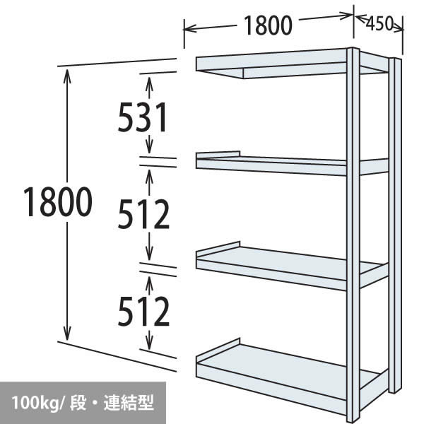 軽量棚 段100kg 天地4段 連結型 1800高さ 1800幅 450奥行 スノーホワイト