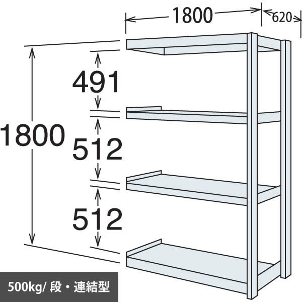 中量棚 段500kg 天地4段 連結型 1800高さ 1800幅 620奥行 スノーホワイト