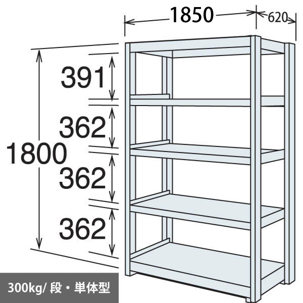 中量棚 段300kg 天地5段 単体型 1800高さ 1850幅 620奥行 スノーホワイト 