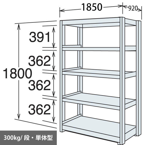 中量棚 段300kg 天地5段 単体型 1800高さ 1850幅 920奥行 スノーホワイト 