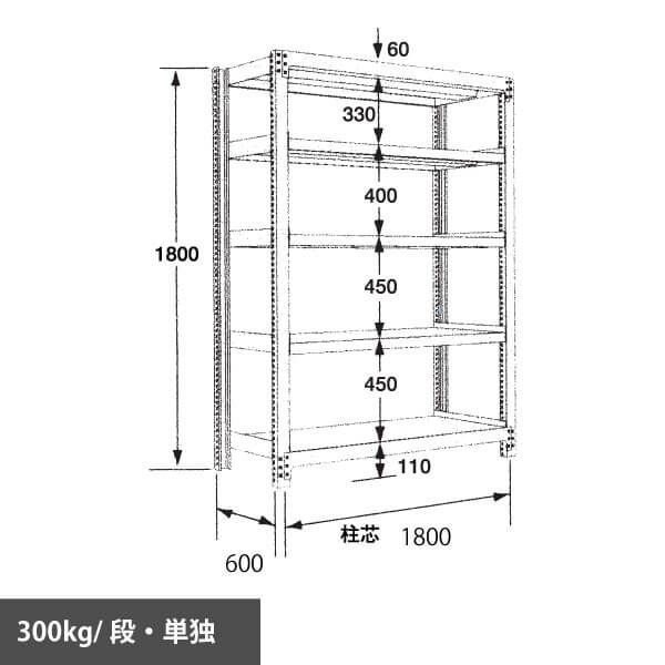 中量ラック 段300kg 天地5段 単独 1800高さ 1800幅 600奥行 グリーン